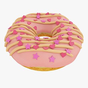 3D Pink glazed donut with stars and hearts model