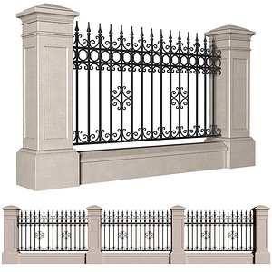 Fence in classic style with wrought iron railing 3D model