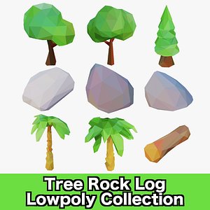 Tree Rock Log LowPoly 3D Model - Palm Tree Island