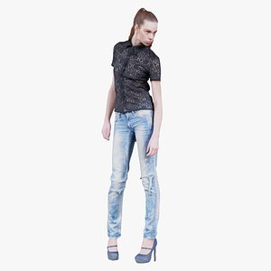 Woman in Jeans and Black Top Posed Remastered 3D model