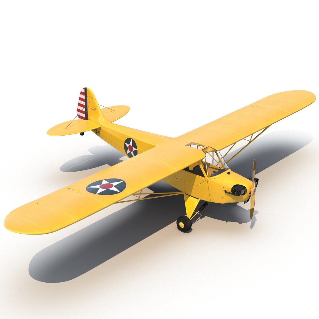 Light Aircraft Piper J-3 Rigged Yellow 3D model preview
