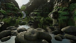 3D scene mossy cliff rock