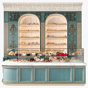 3D Design project of a pastry shop or cafe with a display case with sweets