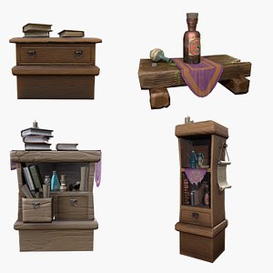 Stylized medieval furniture set for game Low-pol 3D model