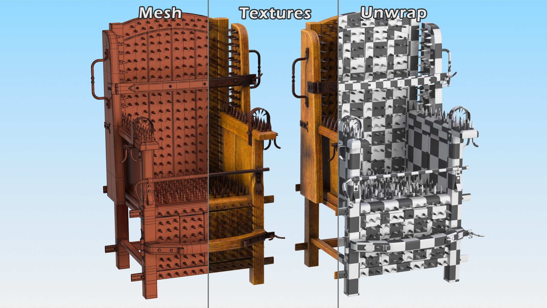 3D Medieval Torture Chair with Spikes model https://p.turbosquid.com/ts-thumb/I8/oBnsHk/XH/medievaltorturechairwithspikes3dsmodel019/jpg/1622018932/1920x1080/fit_q87/87333613157d19db18982eedbc9824e16df314a7/medievaltorturechairwithspikes3dsmodel019.jpg