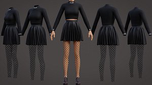 3D Goth Fishnet Outfit - Turtleneck Crop top Pleated Metallic Leather Skirt Fishnet Tights Grunge Cl model