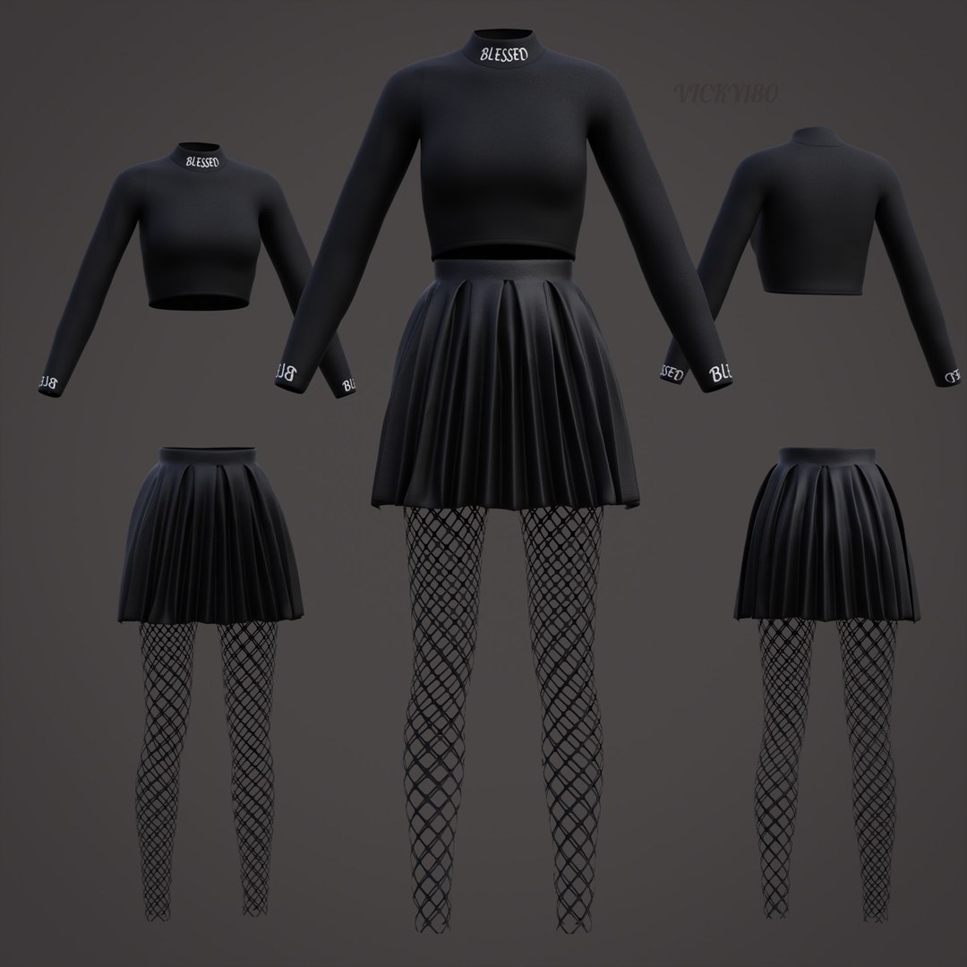 3D Goth Fishnet Outfit - Turtleneck Crop Top Pleated Metallic Leather ...
