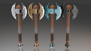 3D Stylized Double-Edged Battle Axe Set  Game Ready Fantasy Weapons 4 Variants model