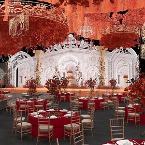 3D Banquet Hall with Dining Sets and Decorated Scene