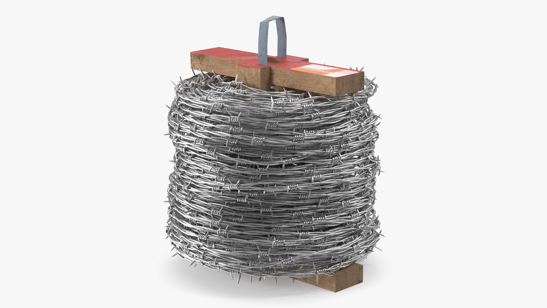 Barbed Wire Roll on Wooden Stand 3D model for industrial visualization, technical presentation, simulation, product rendering, and animation