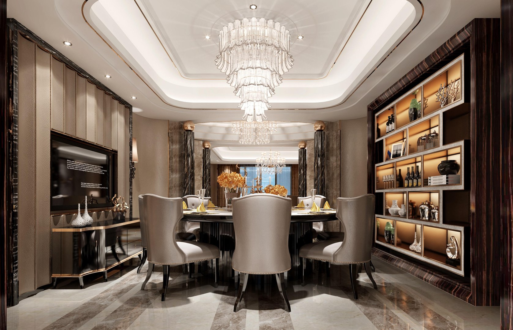 3D Post-modern Luxury Living Room - Dining Room Porch Combination Model ...