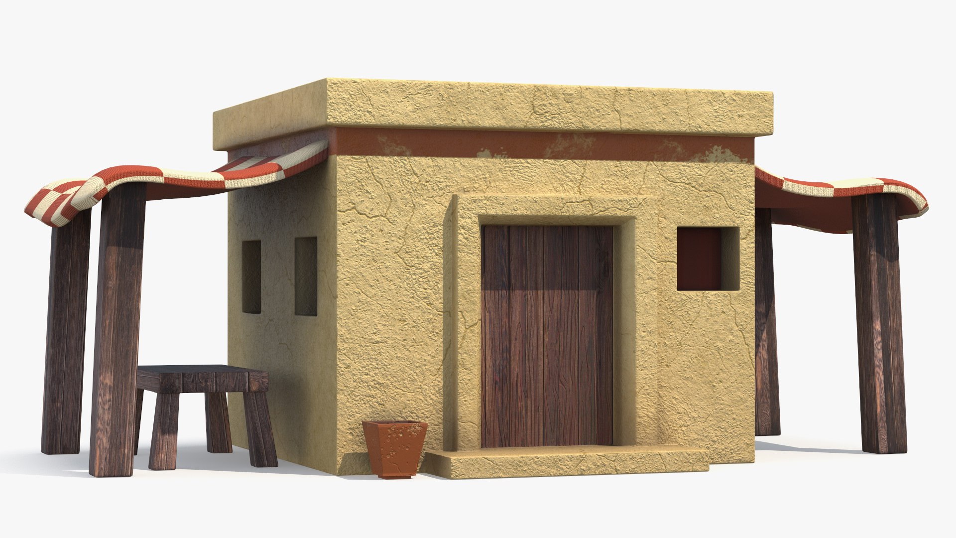 Realistic Arabian House with Sheds and Bench 3D model preview