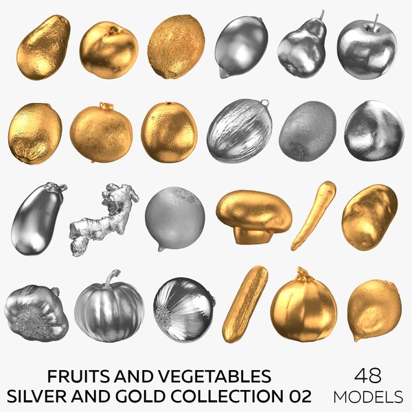 3D Fruits and Vegetables Silver and Gold Collection 02 - 48 models