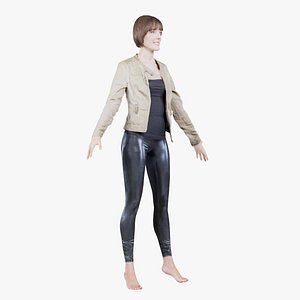 3D Woman in Shiny Black Leggings and Leather Jacket Standard Pose Remastered model