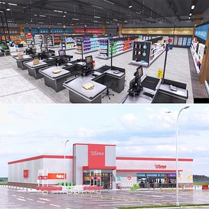 3D model Big Supermarket Realistic Imterior and Exterior