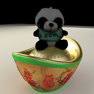 3D Chinese gold Ingot with panda doll