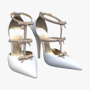Bow-Embellished Bridal High Heels Stiletto Pointy Toe White Shoes 3D model