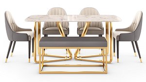 Modern Rectangle Faux Marble Dining Table Gold Set model