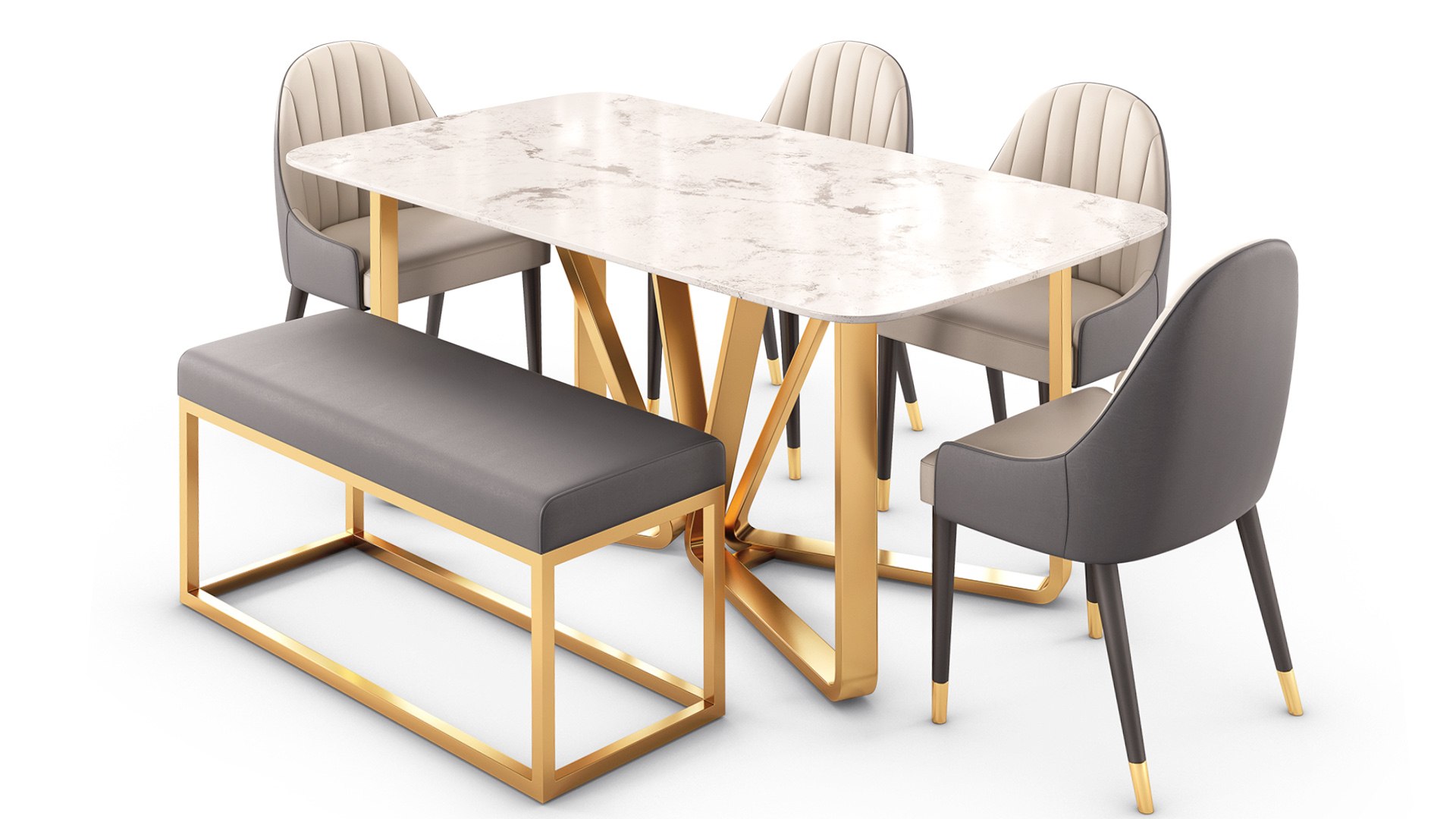 Modern Rectangle Faux Marble Dining Table Gold Set model TurboSquid