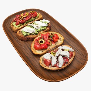 3D model Bruschettas assorted on a wooden plate