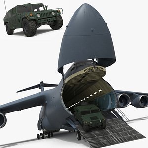Military Cargo Transport Aircraft Nose Open and Armored Vehicles with Interior
