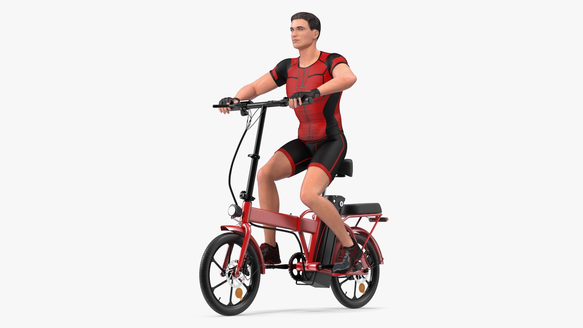 Cyclist on Foldable Red E-Bicycle 3D model preview