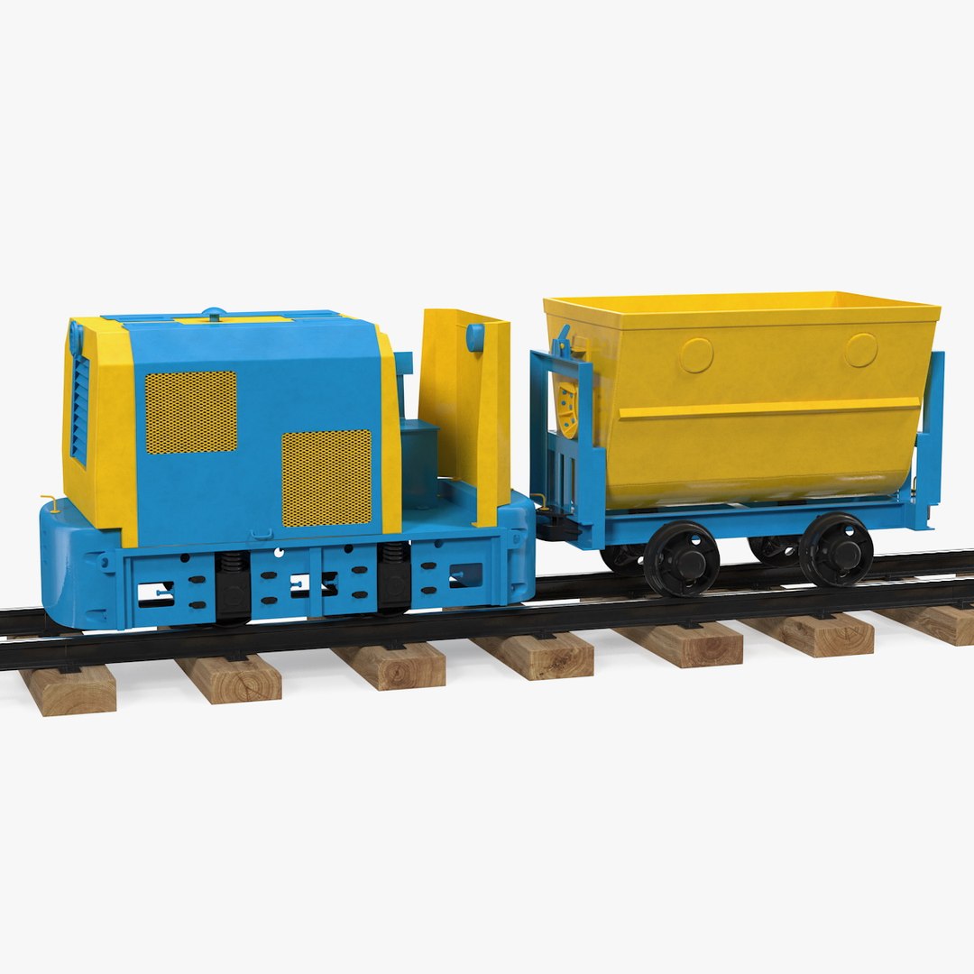Mining Locomotive with Minecart on Railway Section 3D model preview