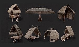 Primitive Wooden Shelter with Thatch Roof PBR Collection
