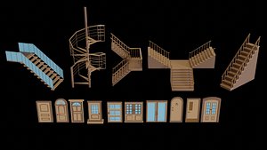Low poly stairs and doors 3D