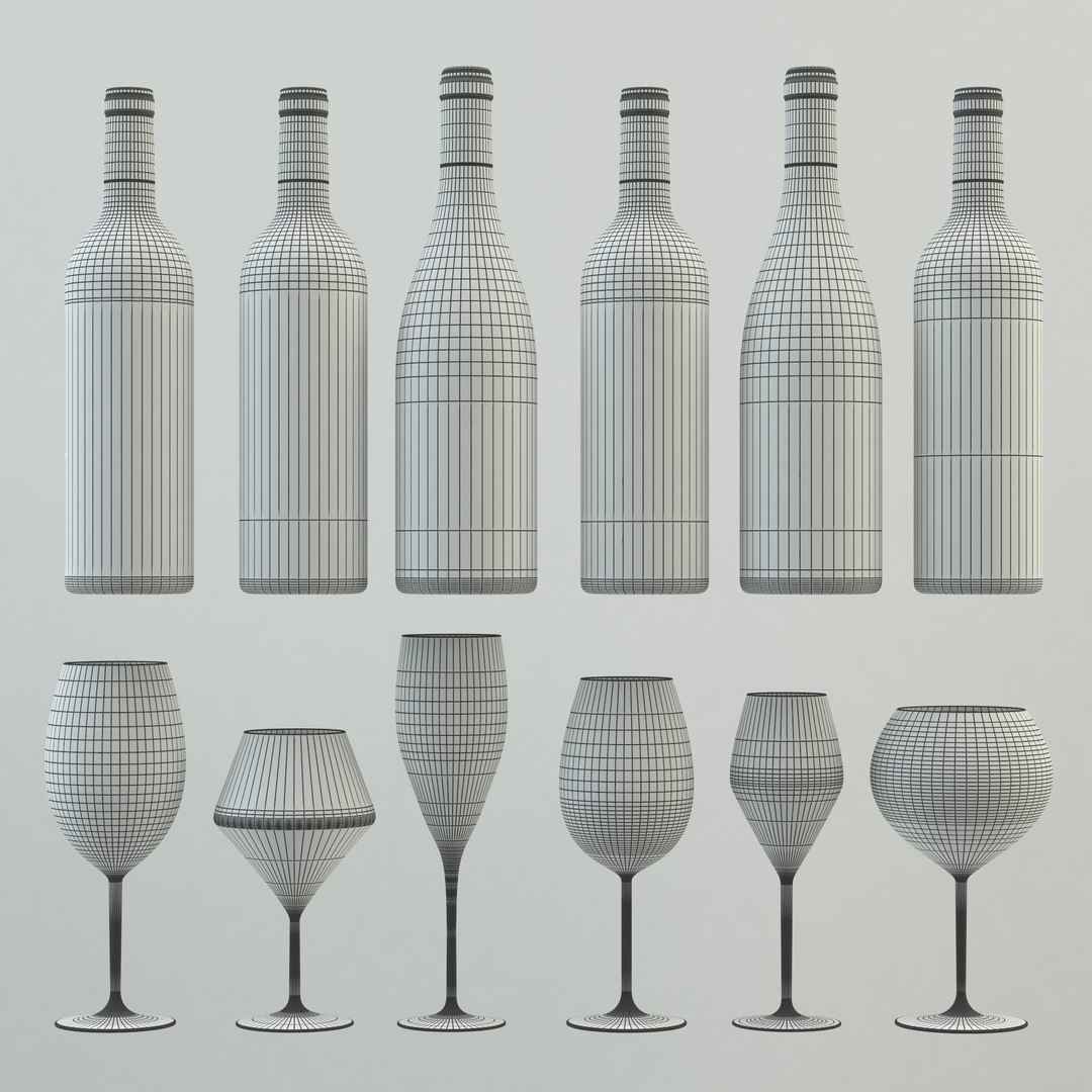 3d 6 Different Bottles Wine Glasses