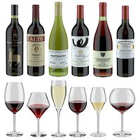3D model Wine Set:  6 different bottles and 6 different wine glasses, tray, wine holder \ stand (Vray and Corona render)