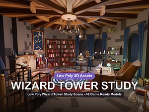 Low Poly Wizard Tower Study Scene - 48 Game Ready Models