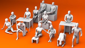 10 Sitting and 3 Kneeing People Lowpoly 3D Model