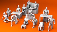 10 Sitting and 3 Kneeing People Lowpoly 3D Model