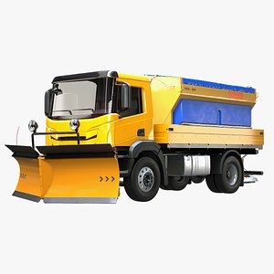 Realistic Snow Plow Truck 3D Model - Winter Service Vehicle with Plow and Salt Spreader