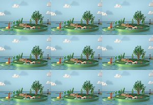 Longmen Pond courtyard Island boat summer cartoon scene poster background Lowpoly pavilion pool lake 3D model