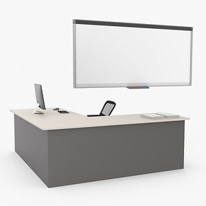 3D Office Desk with Desktop Monoblock and Whiteboard Setup