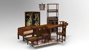 3D Oriental Asian Wooden Furniture Set - PBR Textures  V-Ray Ready model