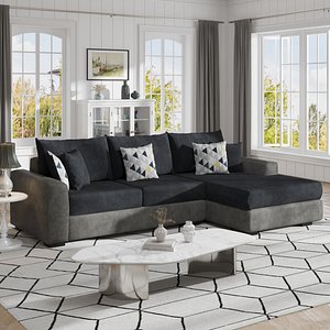Modern Farmhouse Living Room with Black and Gray Two-tone L shaped Fabric Sectional Sofa 3D Interior