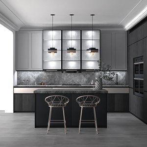 Grey WHite Modern Simple Kitchen Full Furniture Scene