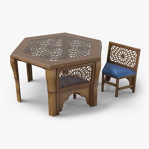 Arabic Wooden Table with Blue Cushioned Chairs