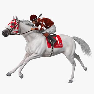 Running White Racing Horse with Jokey