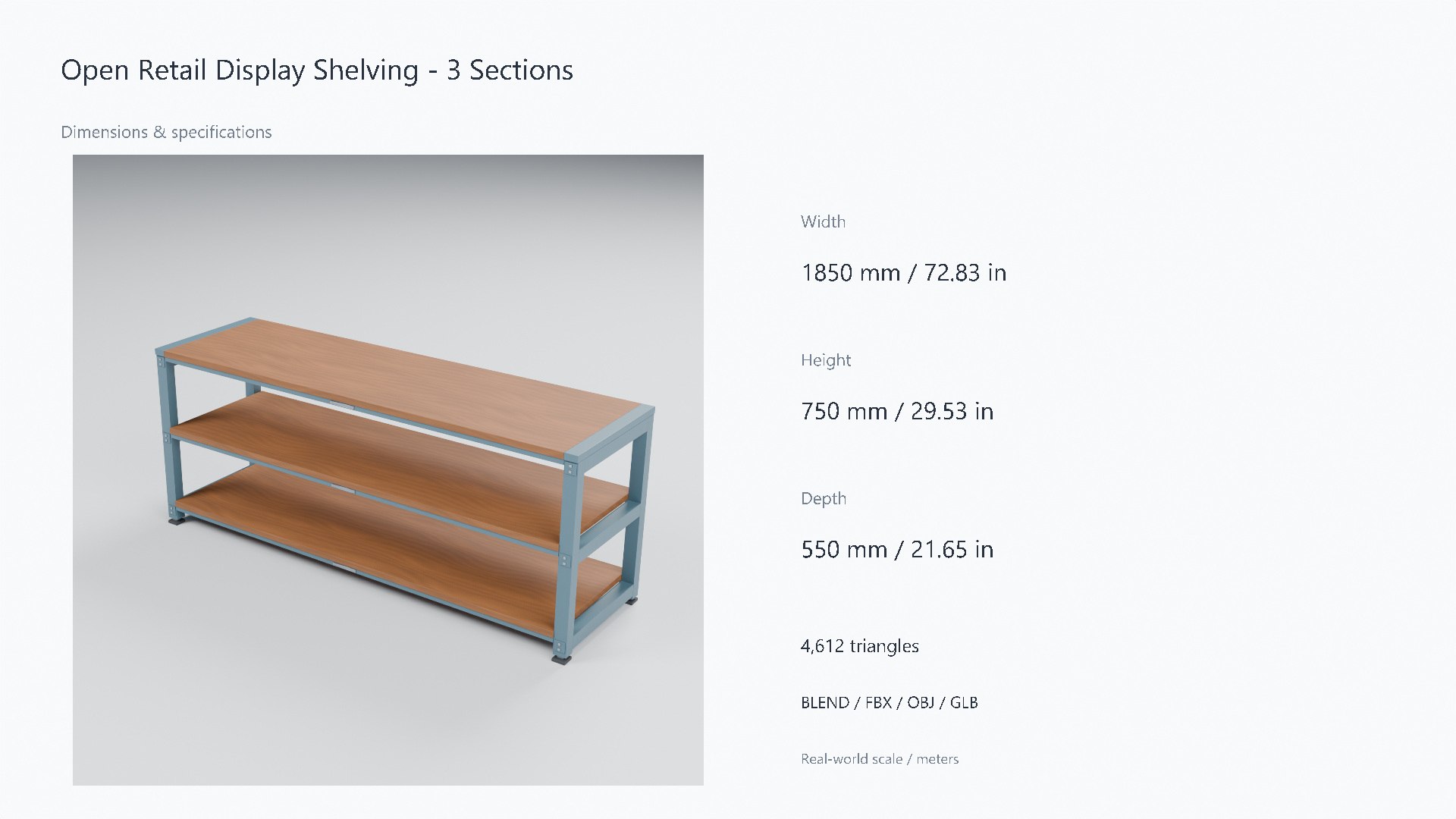 3D model Wood and Steel Retail Display Shelving - 1850 x 550 x 750 mm https://p.turbosquid.com/ts-thumb/It/RMip2z/ga/07_dimensions/jpg/1788947572/1920x1080/fit_q87/b936002de1d0c424b96240490eca3b57bdd3f9fa/07_dimensions.jpg