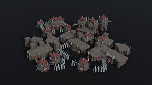 Low-poly cartoon stone orcs city asset model