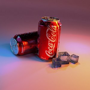 Two Coca-Cola cans and pieces of ice