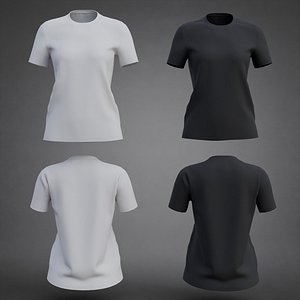 3D Women Low-Poly T-Shirt - Round-Neck Short-Sleeve Shirt - White  Black Textures 3D Model model