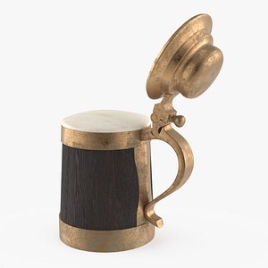 Old Wooden Beer Mug with Beer Foam 3D