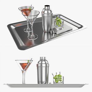 3D Cocktail with shaker on tray and olives