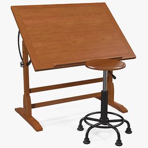 Vintage Wood Drafting Table with Drafting Stool Set