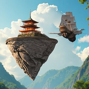 Flying Ship with Floating Island and Pagoda